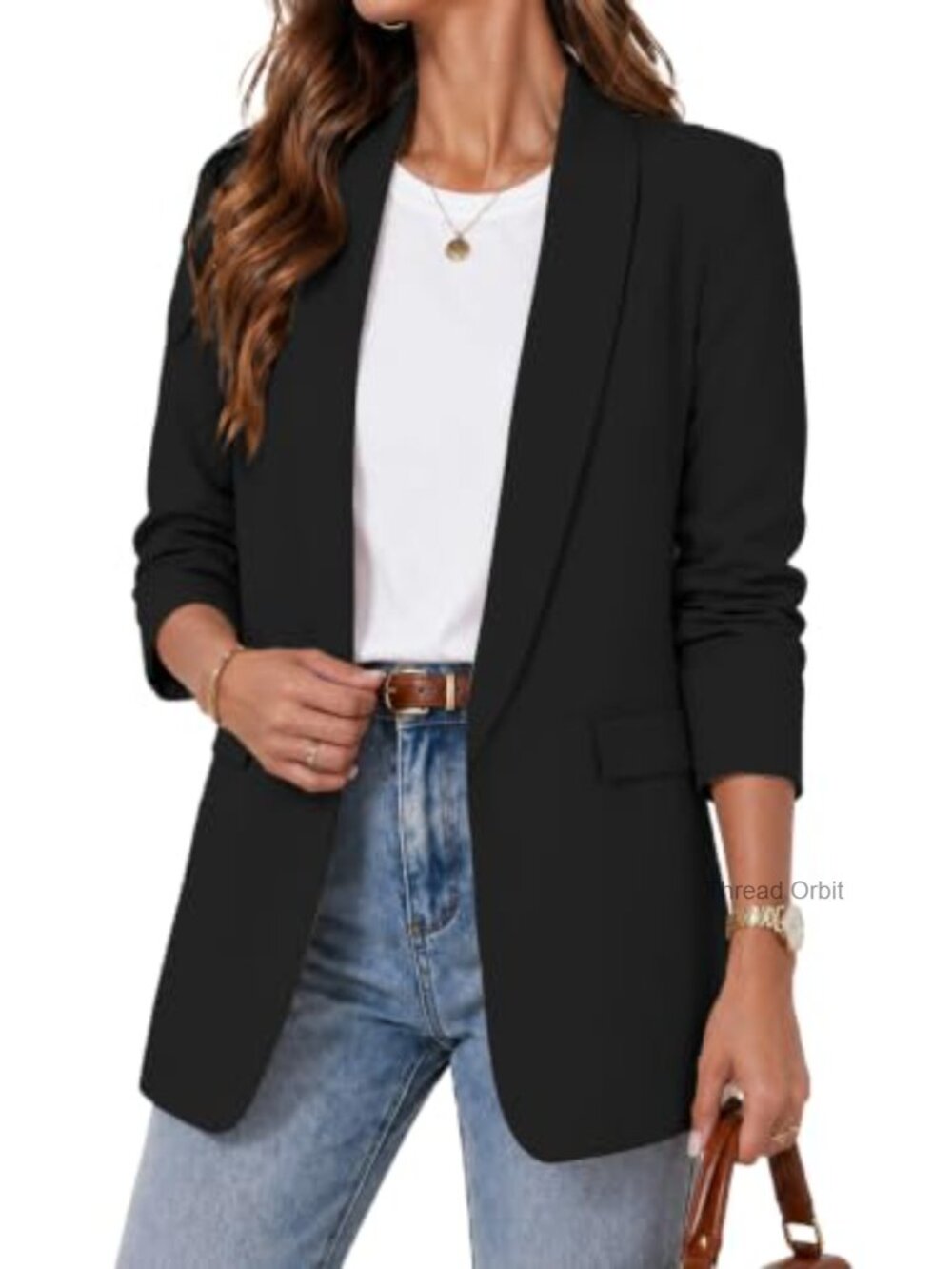Womens Open Front Ruched 3/4 Sleeve Blazer Lightweight Business Casual